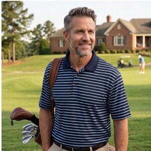 PGA Tour Mens XXL Navy Blue Striped Short Sleeve Golf Polo‎ Shirt Polyester